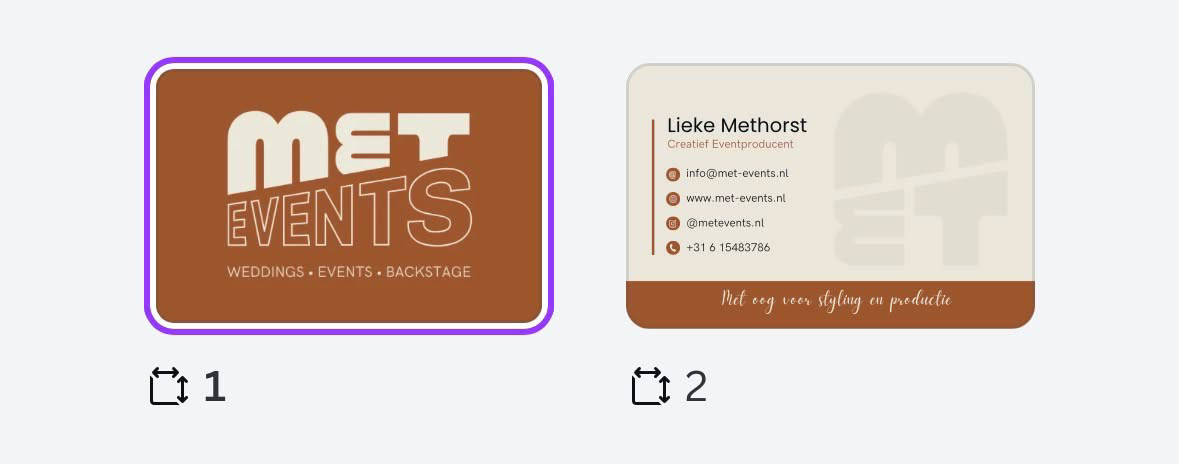 Voor- en achterkant van het MET Events visitekaartje